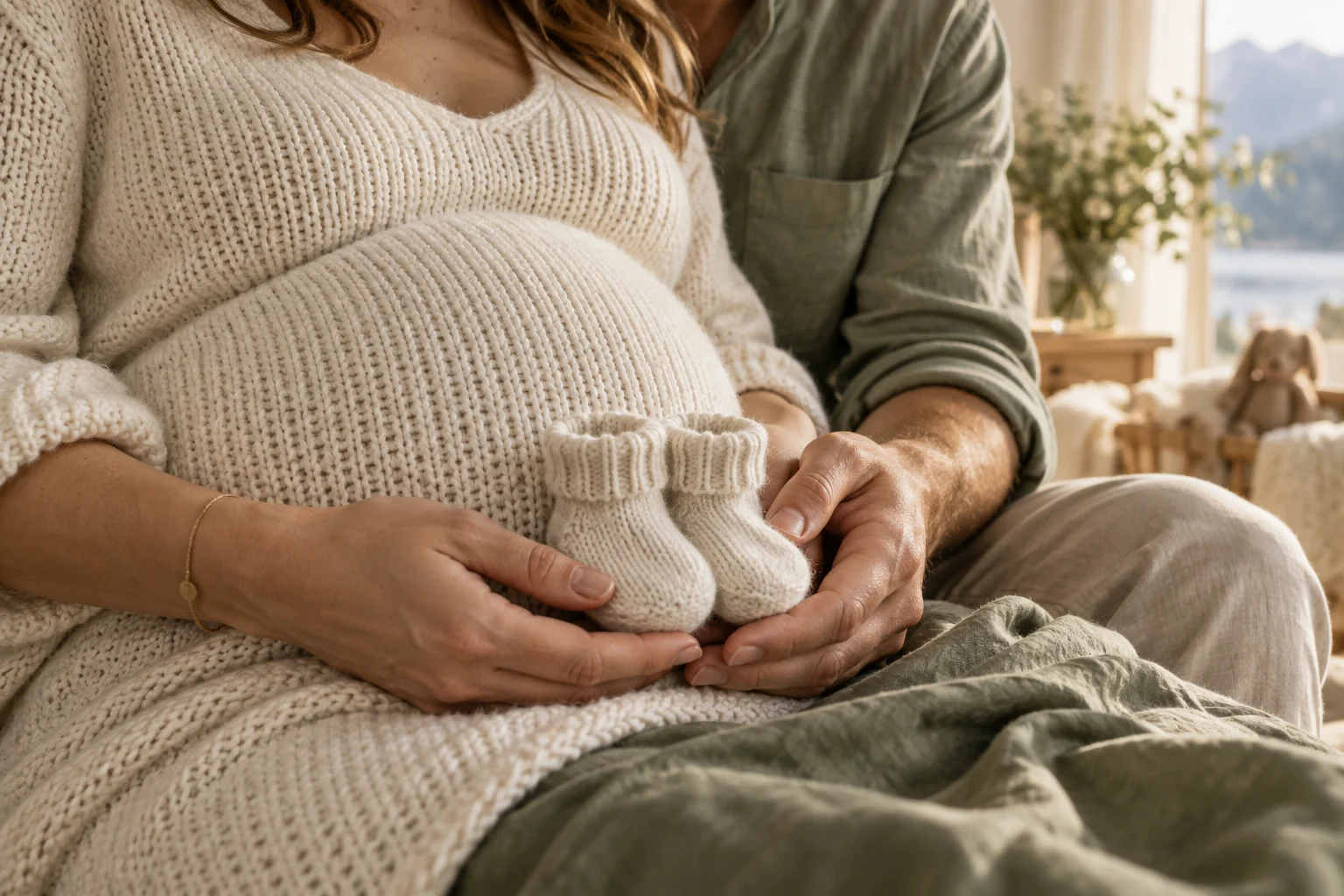 Werdende Eltern halten gemeinsam kleine Babysöckchen vor dem Babybauch